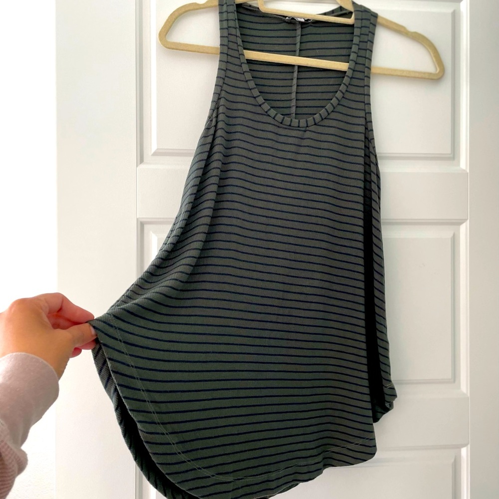 Splendid Striped Ribbed Swing Tank, Size XS, Army Green with Blue stripes